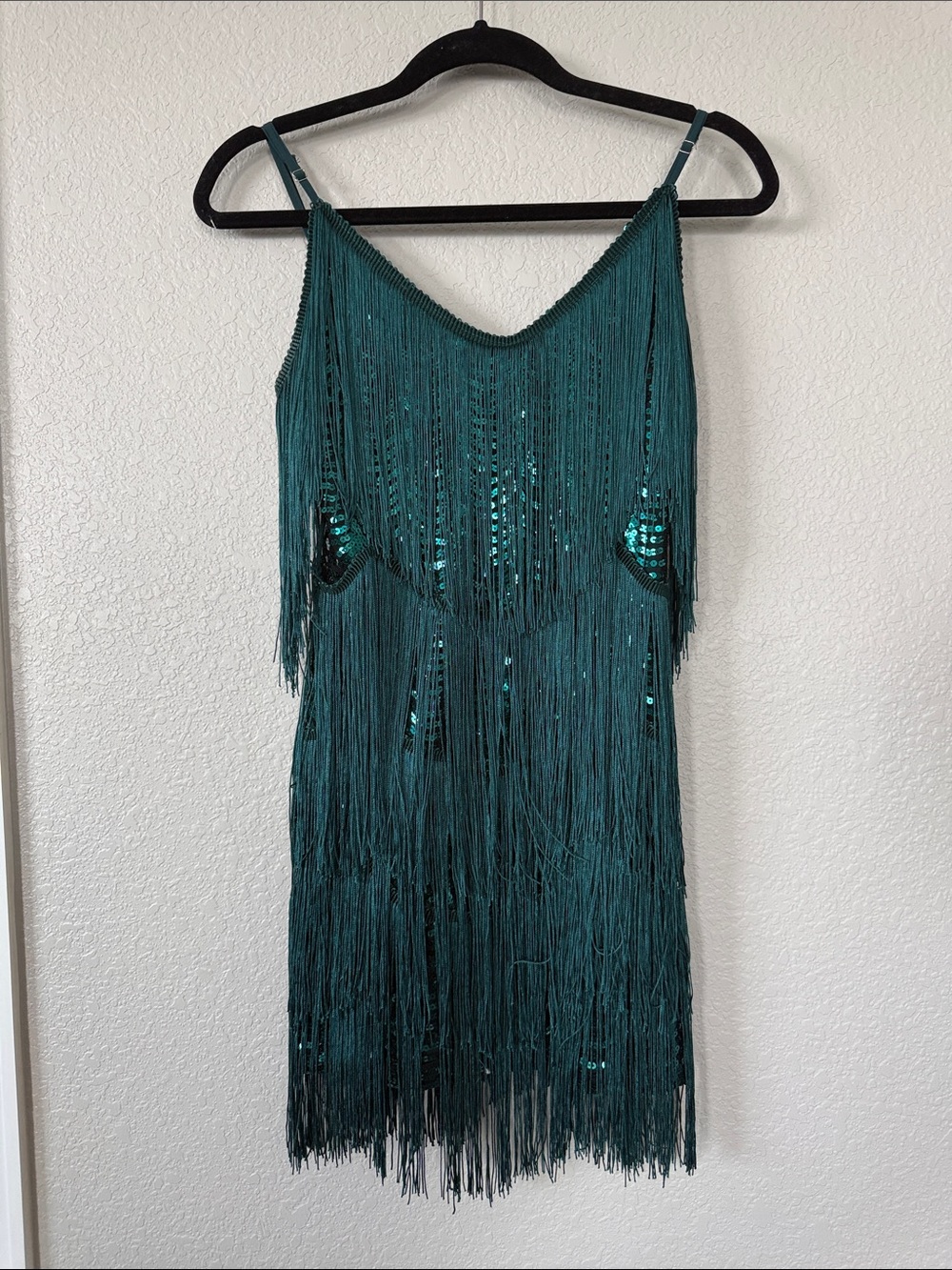 Lulu's Emerald Green Dark Teal Fringe Sequin Slip Dress